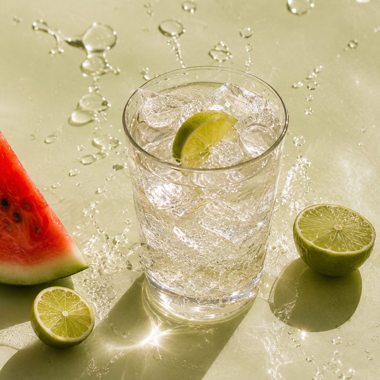 A clear glass filled with a clear iced drink, garnished with a lime wedge, surrounded by watermelon and lime slices on a glossy light green surface with water droplets and bright sunlight.
