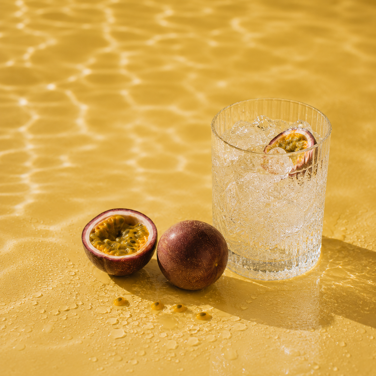 A clear textured glass filled with ice and a passion fruit slice sits on a golden yellow surface with rippled water-like reflections, alongside two whole and halved passion fruits.