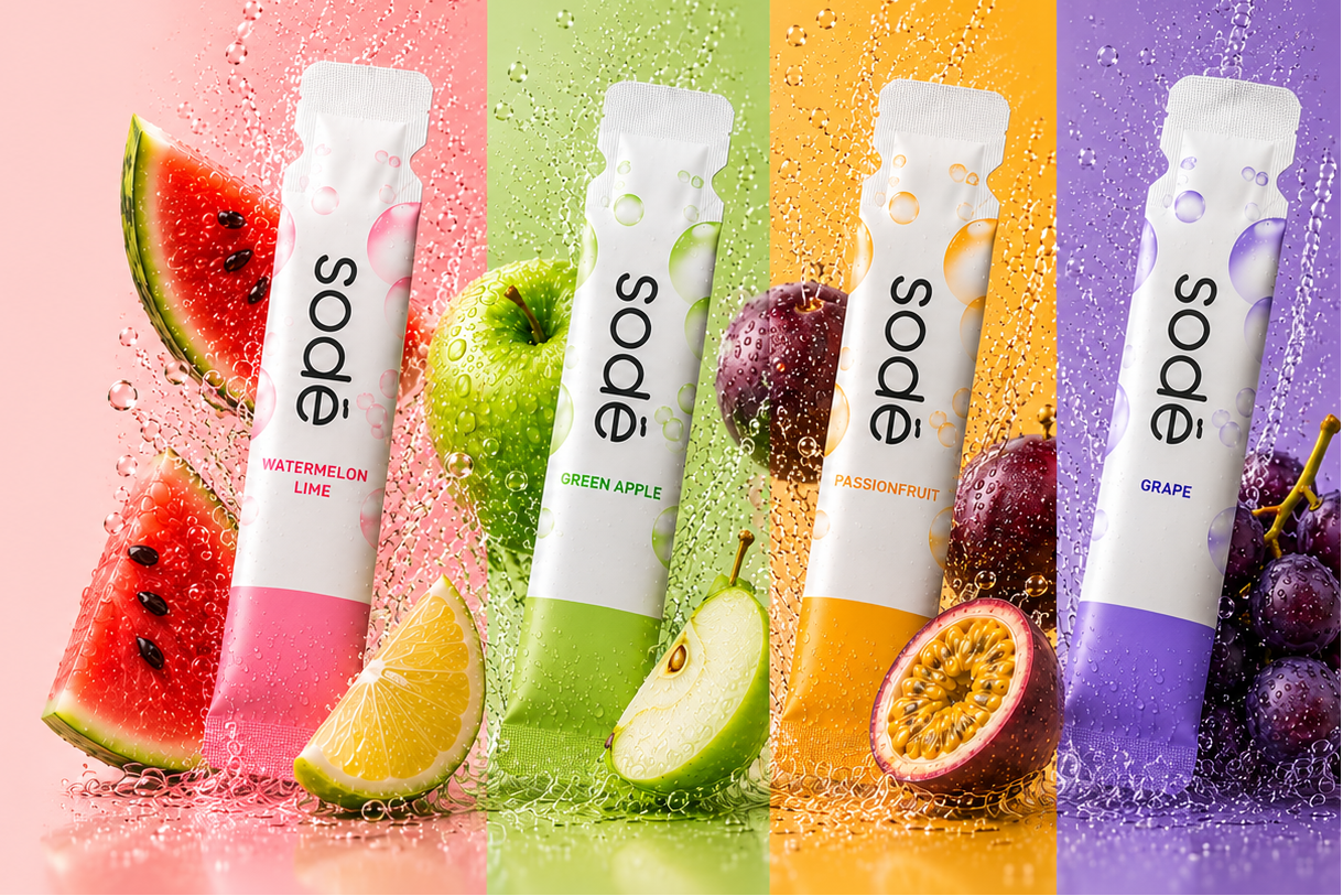 Four Sodé fruit-flavored drink tubes standing upright on a reflective surface, each paired with a fresh fruit slices and whole fruits: watermelon, lime, green apple, passionfruit, and grapes. The background is divided into four vertical color panels in pink, green, orange, and purple, matching the flavors.