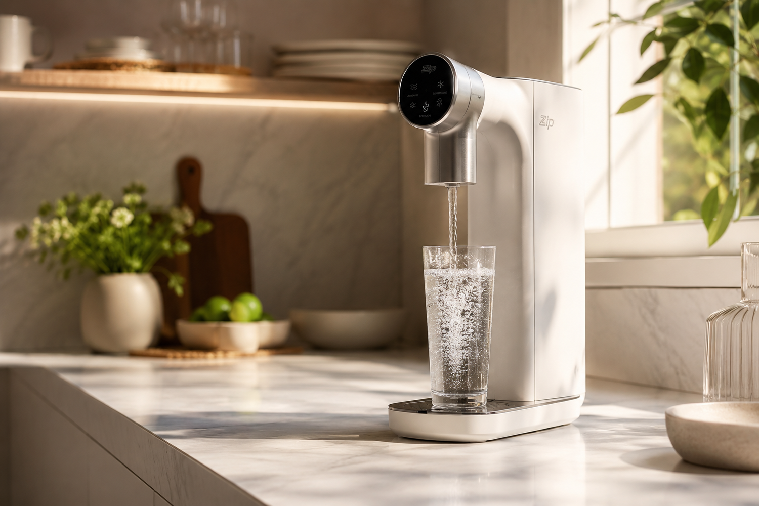 A sleek white and silver water dispenser with a digital display, dispensing carbonated water into a clear glass on a marble kitchen counter.